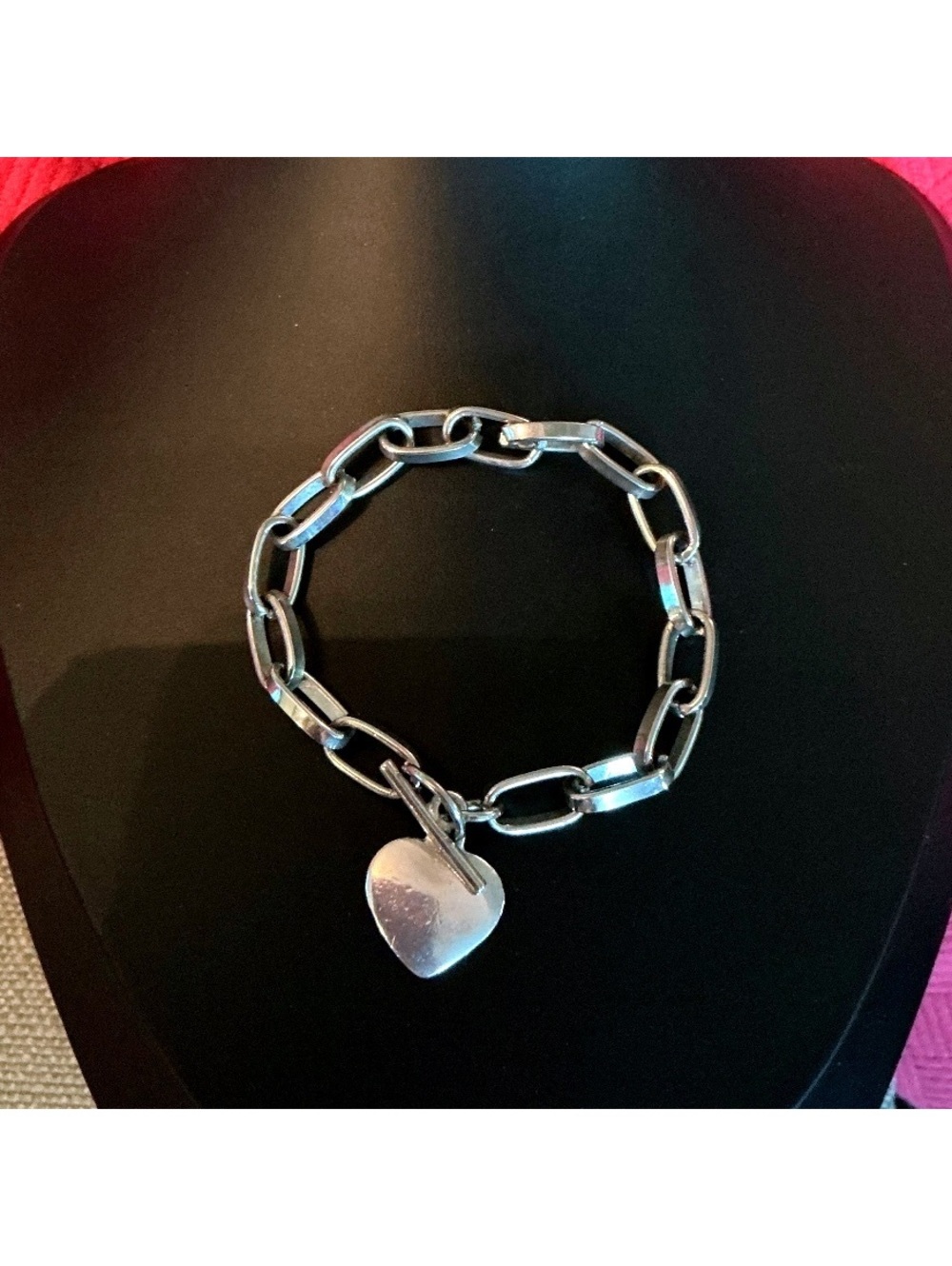 Nice Chunky Chain Toggle Clasp Heart Charm Silver Bracelet 8”